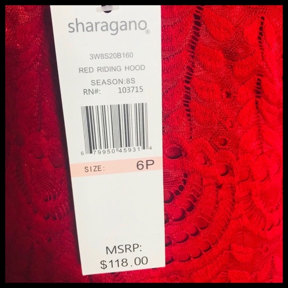 SHARAGANO RED LACE SHORT SLEEVE SHEATH DRESS - Picture 6 of 7